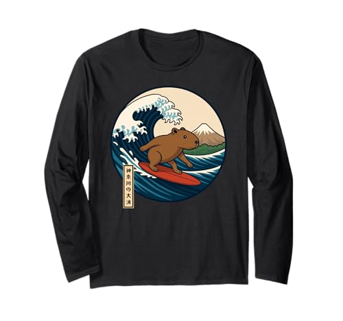 Capybara Surfen Japanische Kanagawa Wave Japan Jungen Mädchen Kind Langarmshirt von CapybaraAxis1