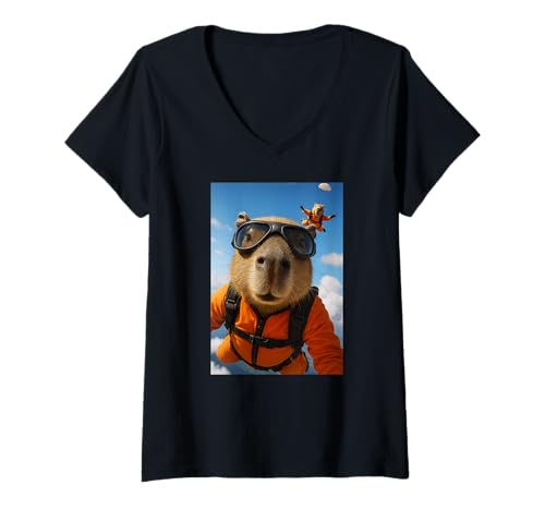 Damen Capybara Sky Diving Zoo Animal Lover Diver für Jungen, Mädchen und Kinder T-Shirt mit V-Ausschnitt Damen Capybara Sky Diving Zoo Animal Lover Diver für Jungen, Mädchen und Kinder T-Shirt mit V-Ausschnitt von CapybaraAxis1