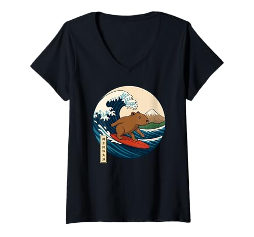 Damen Capybara Surfen Japanische Kanagawa Wave Japan Jungen Mädchen Kind T-Shirt mit V-Ausschnitt von CapybaraAxis1