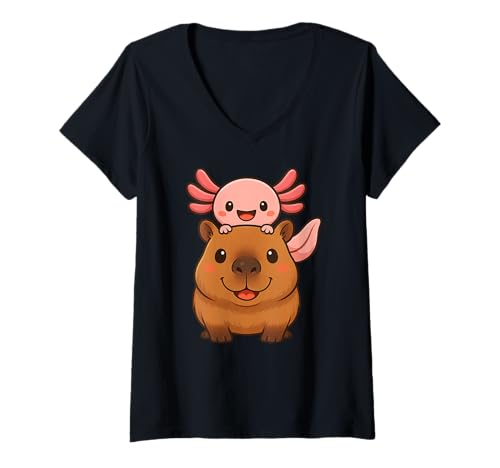 Damen Capybara Axolotl Kawaii Tierliebhaber Zoo Tag Jungen Mädchen Kinder T-Shirt mit V-Ausschnitt Damen Capybara Axolotl Kawaii Tierliebhaber Zoo Tag Jungen Mädchen Kinder T-Shirt mit V-Ausschnitt von CapybaraAxolotlAxis1
