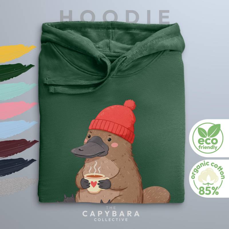 Süßes Schnabeltier Hoodie, Bio Baumwolle Pulli Mit Mütze & Kaffee Motiv, Nachhaltiges Tier Liebhaber Geschenk Für Sie Und Ihn, Unisex von CapybaraCollectiveDE