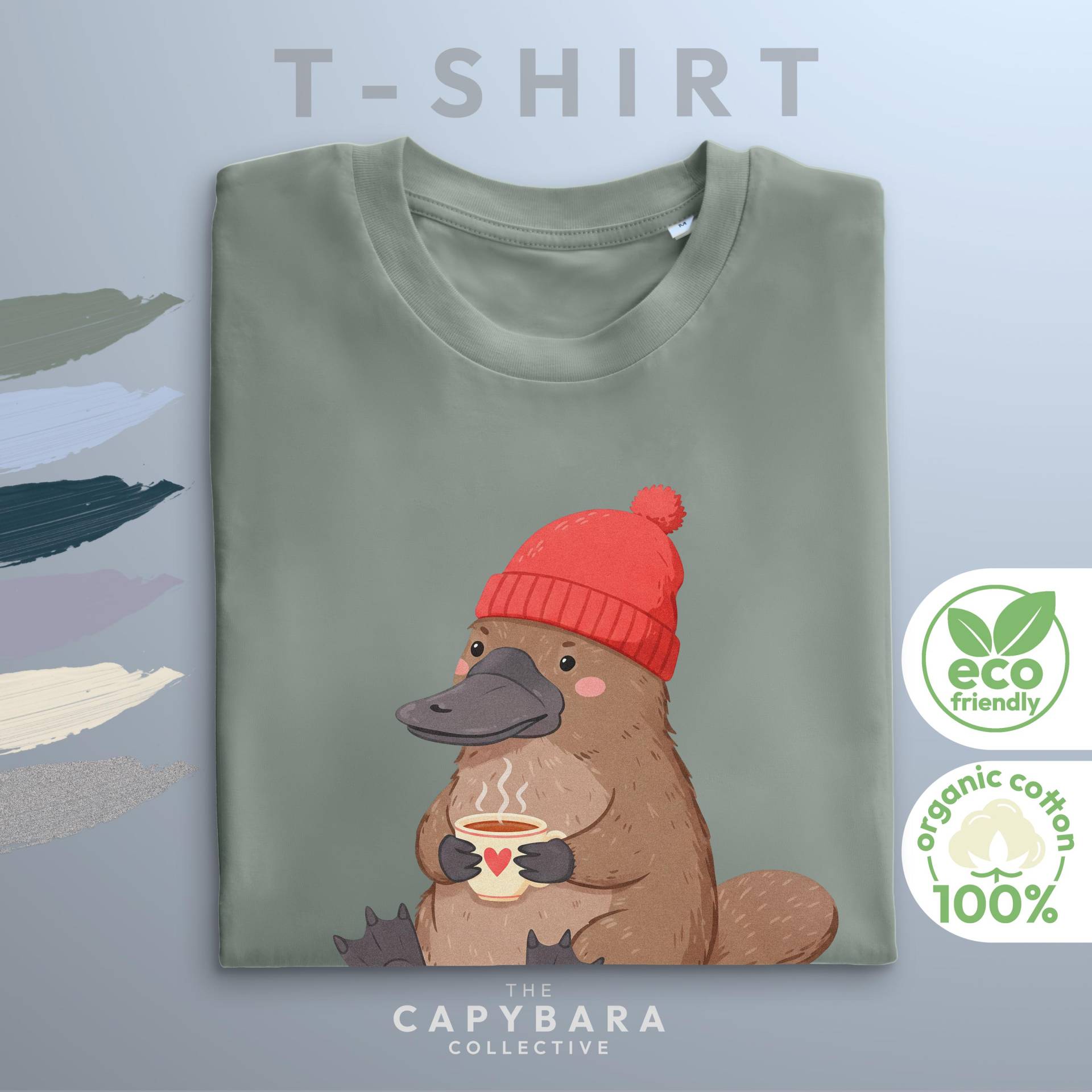 Süßes Schnabeltier T-Shirt , Bio Baumwolle Shirt Mit Mütze & Kaffee Motiv, Nachhaltiges Tier Liebhaber Geschenk, Unisex Schnitt von CapybaraCollectiveDE