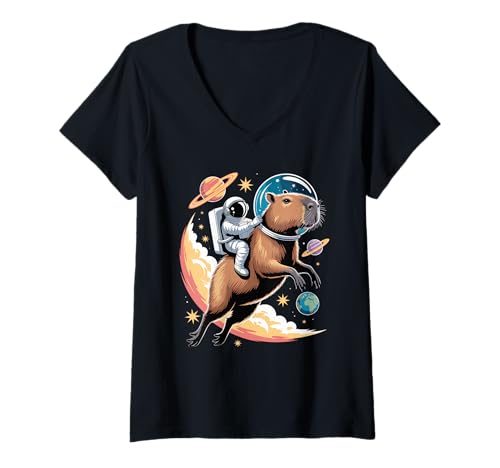 Damen Capybara Astronaut Capybaras Planeten Sonnensystem T-Shirt mit V-Ausschnitt von Capybaras Capies Lover Gifts
