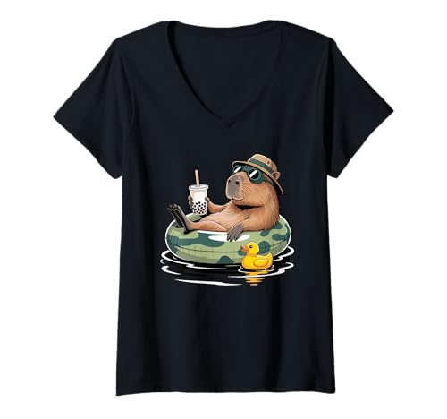 Damen Capybara Boba Perle Milchtee Capybaras T-Shirt mit V-Ausschnitt von Capybaras Capies Lover Gifts