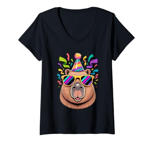Damen Capybara Geburtstagsfeier Hut Sonnenbrille Capybaras T-Shirt mit V-Ausschnitt von Capybaras Capies Lover Gifts
