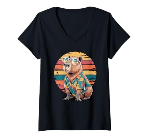 Damen Capybara Sonnenbrille Hawaiianischer Strand Sommerurlaub T-Shirt mit V-Ausschnitt von Capybaras Capies Lover Gifts