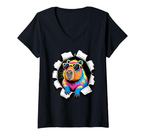 Damen Gerissener Papiereffekt Capybara Sonnenbrille Capybaras T-Shirt mit V-Ausschnitt von Capybaras Capies Lover Gifts