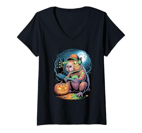 Damen Halloween Capybara Gamer Verlassenes Schloss Video Gaming T-Shirt mit V-Ausschnitt von Capybaras Capies Lover Gifts