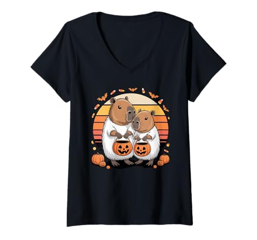 Damen Halloween Capybara Geist Capybaras T-Shirt mit V-Ausschnitt von Capybaras Capies Lover Gifts