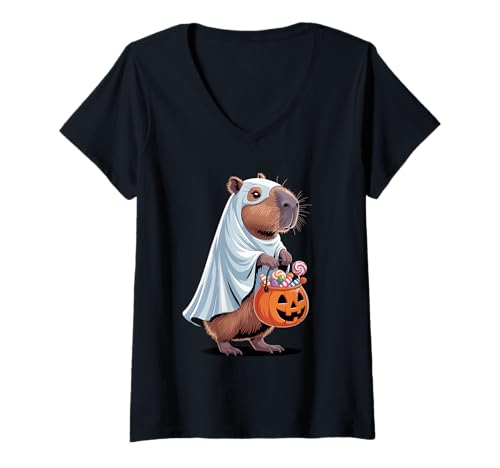 Damen Halloween Capybara Geist Kürbis Süßes Oder Saures Süßigkeite T-Shirt mit V-Ausschnitt von Capybaras Capies Lover Gifts