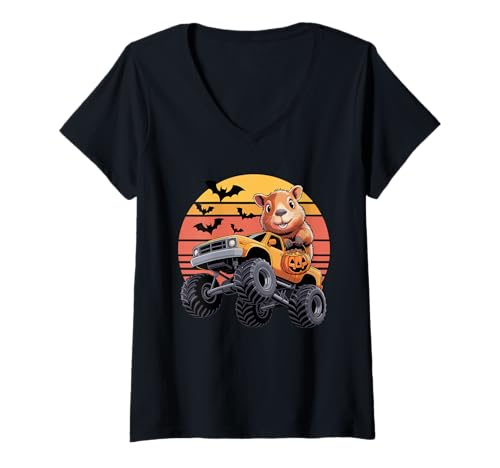 Damen Halloween Monstertruck Capybara Capybaras T-Shirt mit V-Ausschnitt von Capybaras Capies Lover Gifts
