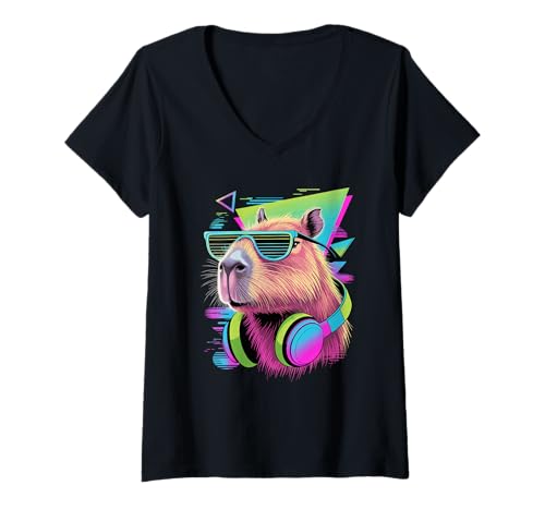 Damen Punk Ära Stil Capybara Sonnenbrille Capybaras T-Shirt mit V-Ausschnitt von Capybaras Capies Lover Gifts