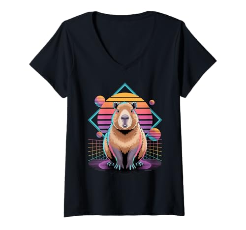 Damen Retro Synthwave Wasserschwein Wasserschweine T-Shirt mit V-Ausschnitt von Capybaras Capies Lover Gifts