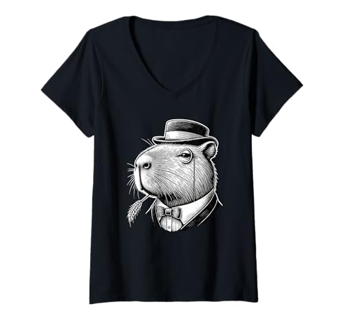 Damen Retro Vintage Wasserschwein Gentleman Fliege Capybaras T-Shirt mit V-Ausschnitt von Capybaras Capies Lover Gifts