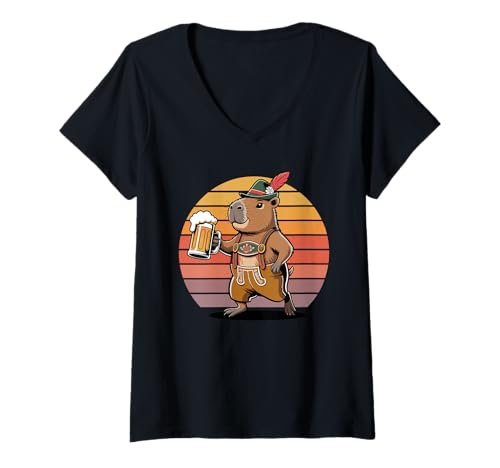 Damen Retro Wasserschwein Bier Trinkend Wasserschweine T-Shirt mit V-Ausschnitt von Capybaras Capies Lover Gifts