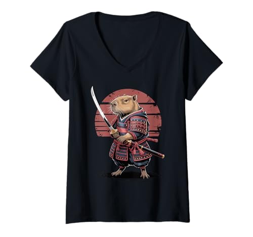 Damen Samurai Capybara Schwert Capybaras T-Shirt mit V-Ausschnitt von Capybaras Capies Lover Gifts
