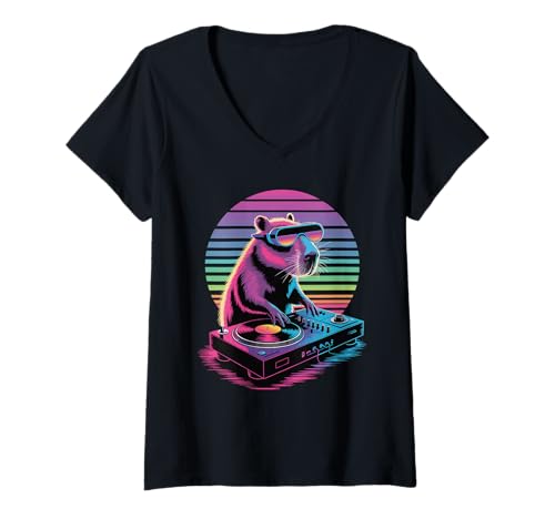 Damen Synthwave Capybara DJ Sonnenbrille Capybaras T-Shirt mit V-Ausschnitt von Capybaras Capies Lover Gifts