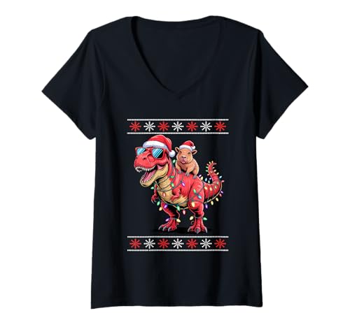 Damen Weihnachten Capybara T-Rex Dinosaurier Tyrannosaurus Rex T-Shirt mit V-Ausschnitt von Capybaras Capies Lover Gifts