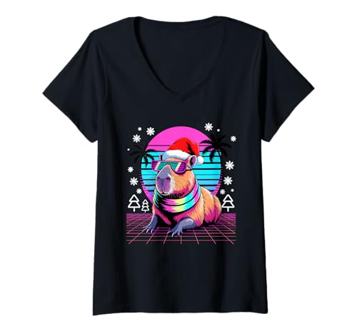 Damen Weihnachten Synthwave Capybara Sonnenbrille Capybaras T-Shirt mit V-Ausschnitt von Capybaras Capies Lover Gifts