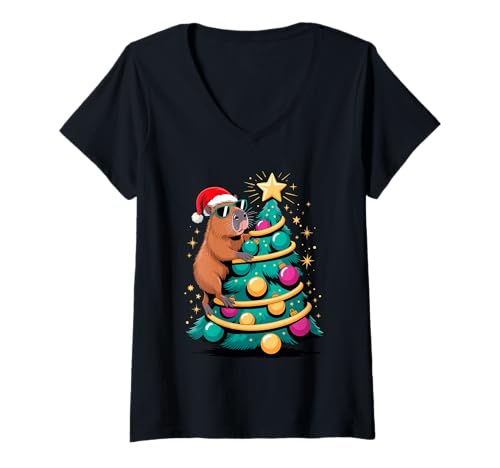 Damen Weihnachtsbaum Capybara Sonnenbrille Capybaras T-Shirt mit V-Ausschnitt von Capybaras Capies Lover Gifts