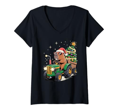 Damen Weihnachtsbaum Traktor Capybara Sonnenbrille Capybaras T-Shirt mit V-Ausschnitt von Capybaras Capies Lover Gifts