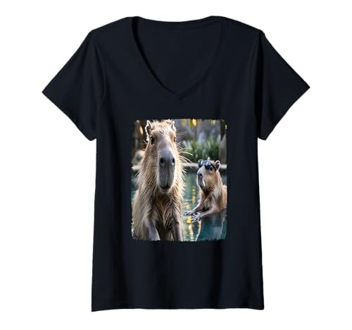 Damen Lustiges Capybara-Selfie T-Shirt mit V-Ausschnitt Damen Lustiges Capybara-Selfie T-Shirt mit V-Ausschnitt von Capybaras Pool Selfie Humor Animal Lover Gift Idea