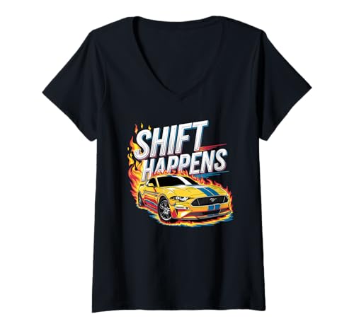 Damen Shift Happens Muscle Car T-Shirt mit V-Ausschnitt von Car Guy Designs