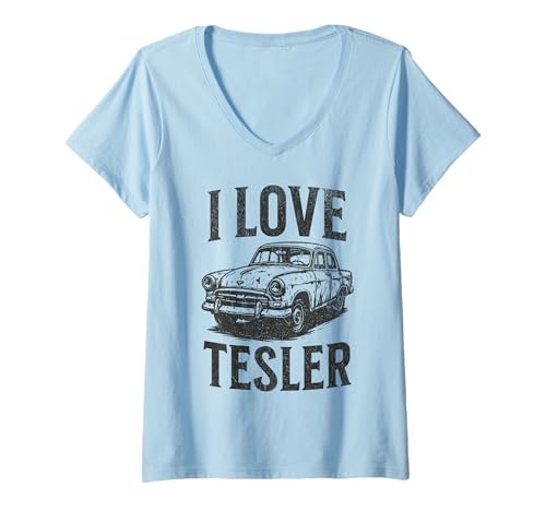 Damen I Love Tesler - Vintage Retro Elektroauto Lustiges Meme T-Shirt mit V-Ausschnitt von Car Lovers Memes