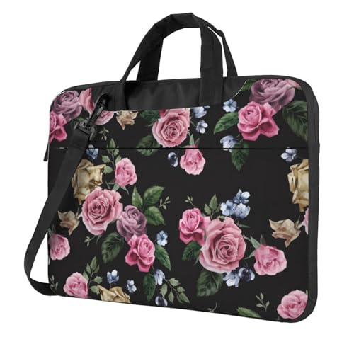 Dog Puppy Paw Multifunktionale Laptoptasche - Wasserdichte Arbeit Aktentasche Laptop Tasche - Ideal für Frauen und Männer, Schwarz Blackgound Rose, 14 inch von CarXs