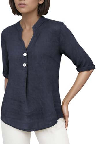 Cara Mia Bluse Damen Sommer Leinenbluse Kurzarm V-Ausschnitt viele Farben 38-44 Mehrfarbig dunkelblau S/M von Cara Mia