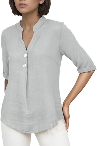 Cara Mia Bluse Damen Sommer Leinenbluse Kurzarm V-Ausschnitt viele Farben 38-44 Mehrfarbig hellgrau S/M von Cara Mia