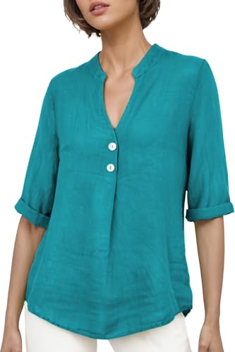 Cara Mia Bluse Damen Sommer Leinenbluse Kurzarm V-Ausschnitt viele Farben 38-44 Mehrfarbig jadegrün S/M von Cara Mia