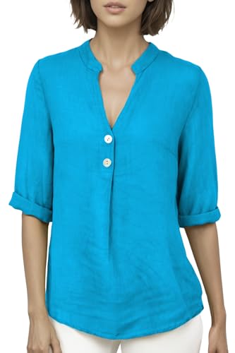Cara Mia Bluse Damen Sommer Leinenbluse Kurzarm V-Ausschnitt viele Farben 38-44 Mehrfarbig türkis S/M von Cara Mia
