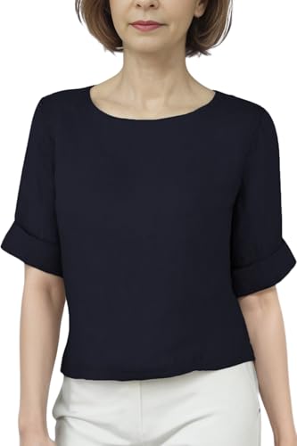 Cara Mia Leinenbluse mit Rundhals und Knöpfe hinten viele Farben 36-42 dunkelblau L/XL von Cara Mia