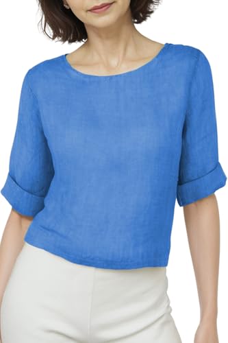 Cara Mia Leinenbluse mit Rundhals und Knöpfe hinten viele Farben 36-42 himmelblau S/M von Cara Mia