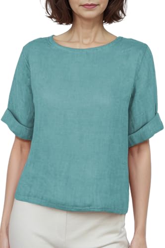 Cara Mia Leinenbluse mit Rundhals und Knöpfe hinten viele Farben 36-42 jadegrün/hell L/XL von Cara Mia