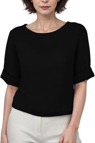 Cara Mia Leinenbluse mit Rundhals und Knöpfe hinten viele Farben 36-42 schwarz L/XL von Cara Mia