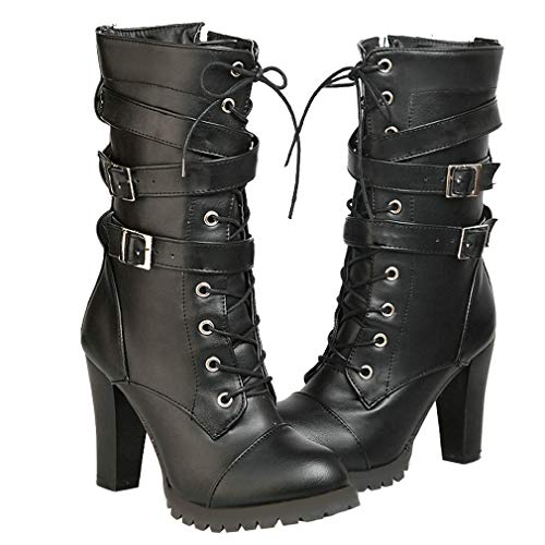 Caradise Damen Schnürschuhe Mid Wade Gothic Chunky Heel Combat Boots mit Schnallen, schwarz, 39 EU Caradise Damen Schnürschuhe Mid Wade Gothic Chunky Heel Combat Boots mit Schnallen, schwarz, 39 EU von Caradise
