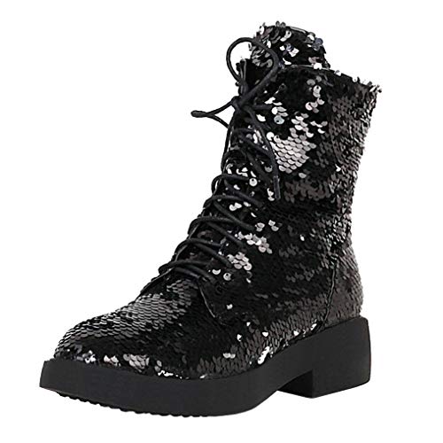 Caradise Damen-Schnürstiefel mit Glitzer, klobiger Absatz, Pailletten, knöchelhohe Stiefeletten, Schwarz von Caradise