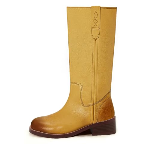 Caradise Kniehohe Stiefel für Damen, quadratischer Zehenbereich, Blockabsatz, hohe Stiefel, Vintage-Stil, niedriger Absatz, Campus-Stiefel, gelb, 41 EU Caradise Kniehohe Stiefel für Damen, quadratischer Zehenbereich, Blockabsatz, hohe Stiefel, Vintage-Stil, niedriger Absatz, Campus-Stiefel, gelb, 41 EU von Caradise