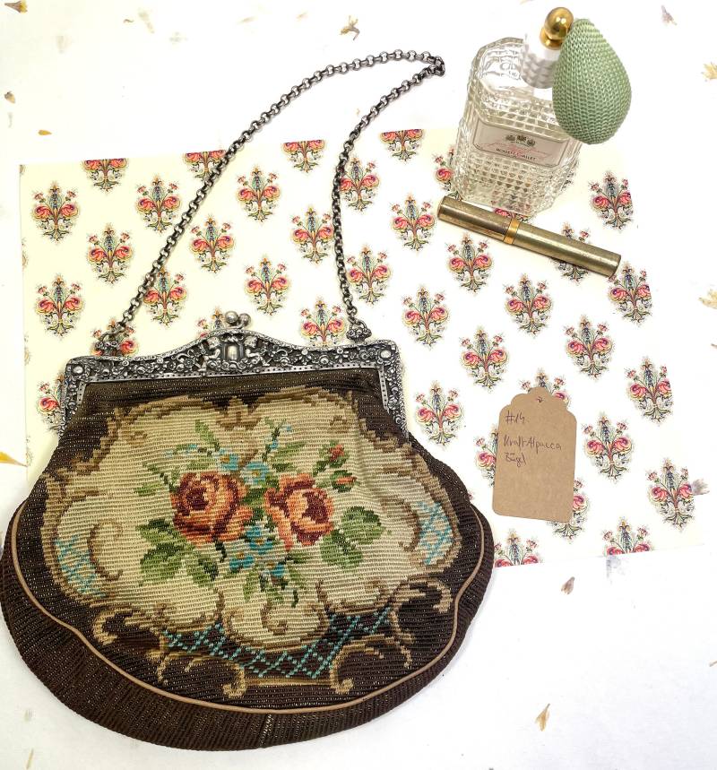 Bestickter Stoff Mit Rosen Und Kraft Alpacca Bügel Tasche Vintage #14 von Carakess