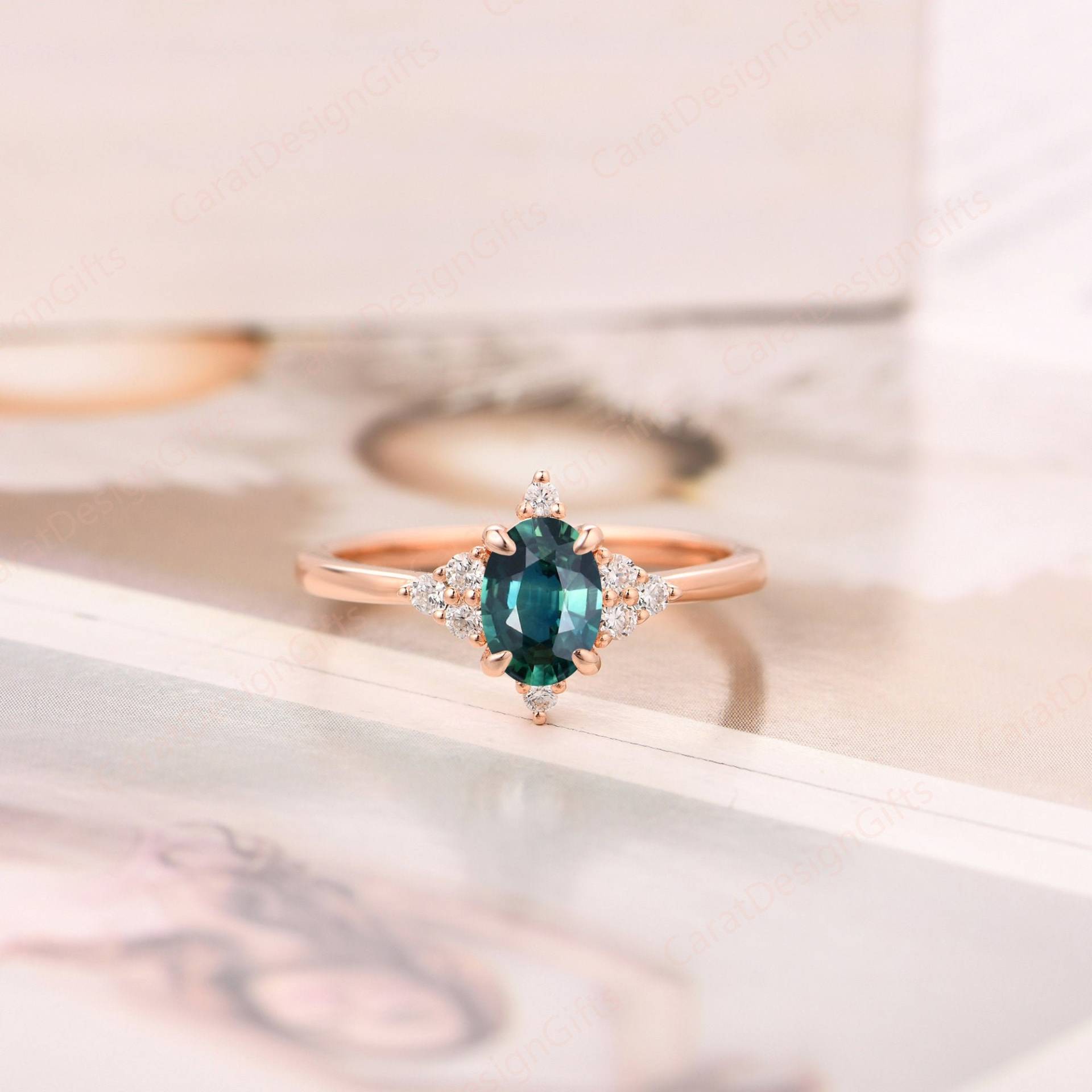 Antike Hochzeit Versprechen Ring, Oval Cut 6x8mm Natürlicher Teal Saphir Solider 14K Goldring, Handgemachter Feiner Schmuck, Jubiläumsgeschenk Ring von CaratDesignGifts