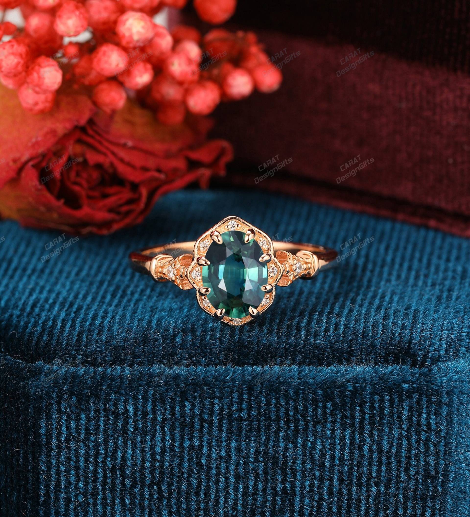 Art Deco Ring, 1.5Ct Oval Cut Natürlicher Teal Saphir Verlobungsring, Blau Grün Versprechen Geschenk Für Sie von CaratDesignGifts