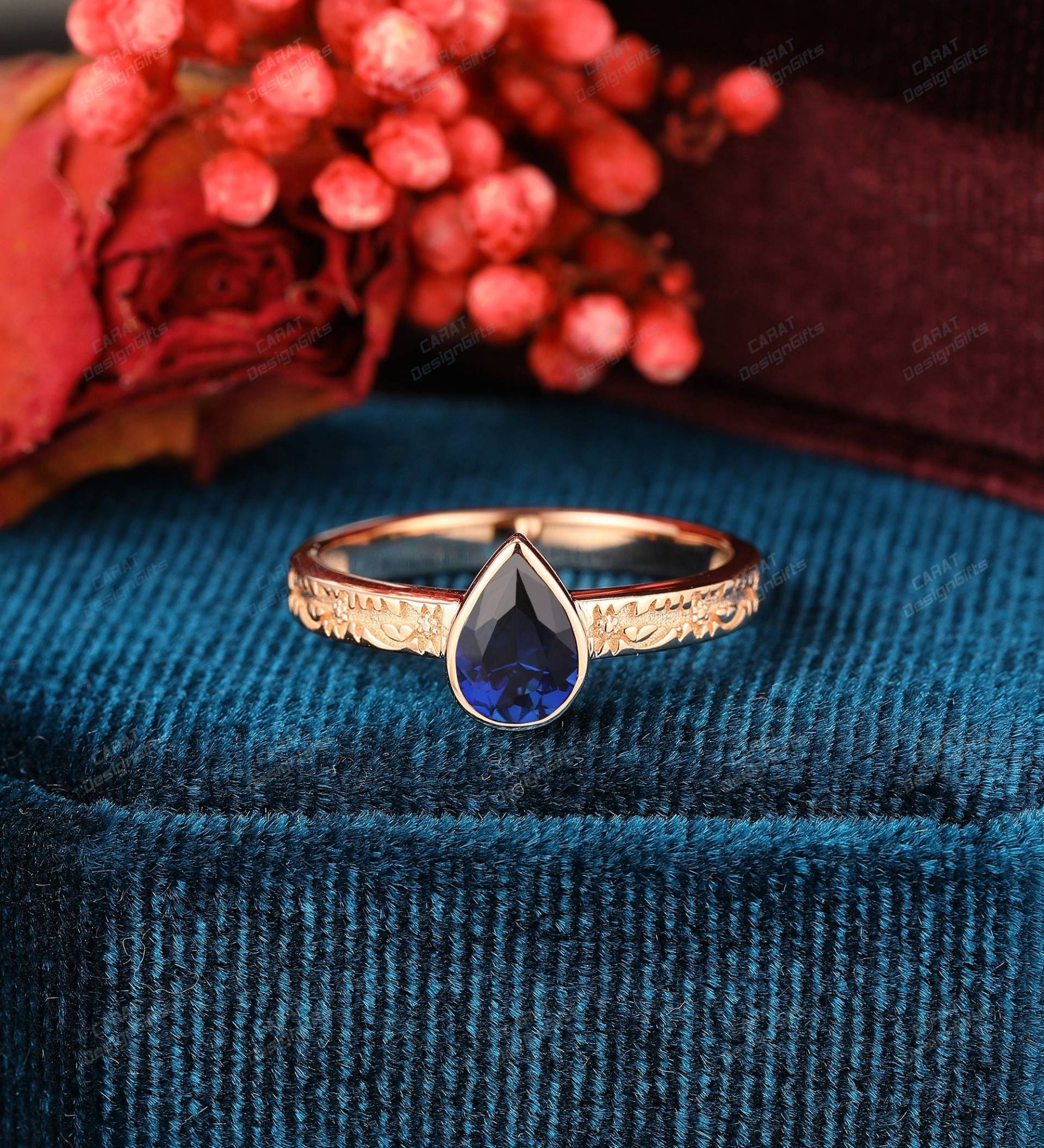 Lünette Blauer Edelstein Ring, 5x7mm Pear Cut Sapphire Hochzeit Versprechen Filigraner Verlobung Weiblicher Geburtstagsgeschenk Für Frauen von CaratDesignGifts