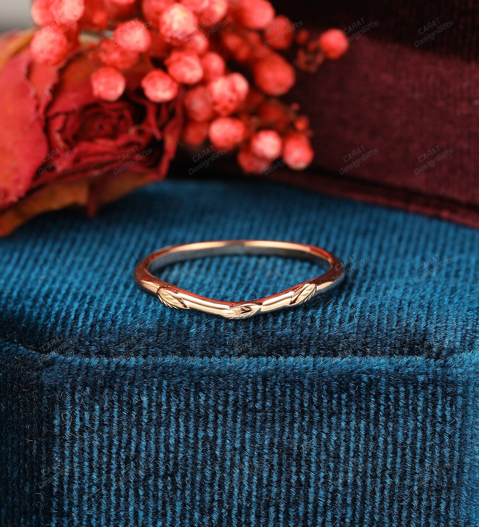 Vintage Ehering, Blatt Form Band, Massiver Rose Gold Schlichter Bandring, Stapel Passender Verlobungsring, Brautgeschenk Für Sie von CaratDesignGifts