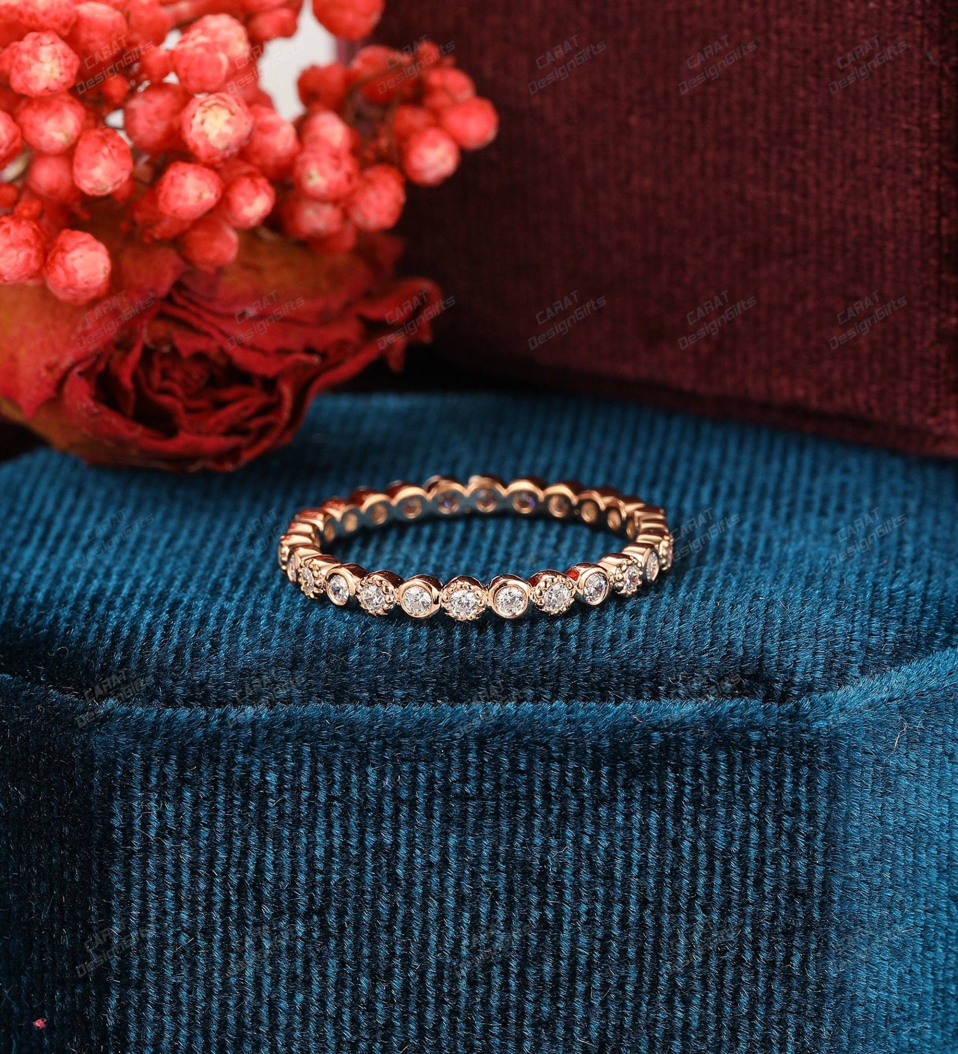 Zarter Ehering, Rose Gold Stapel Passender Ring, Moissanite/Simulierter Diamant Versprechen Brautring, Tagesring, Geschenk Für Frauen von CaratDesignGifts