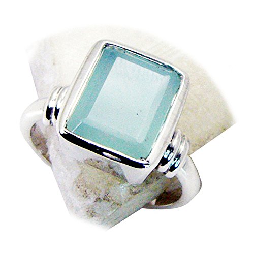 CaratYogi Silber Natürlicher Aqua Chalcedon Ring Smaragd-Cut Handmade Lünette Stil Runde Form Größe 56 (17.8) von CaratYogi