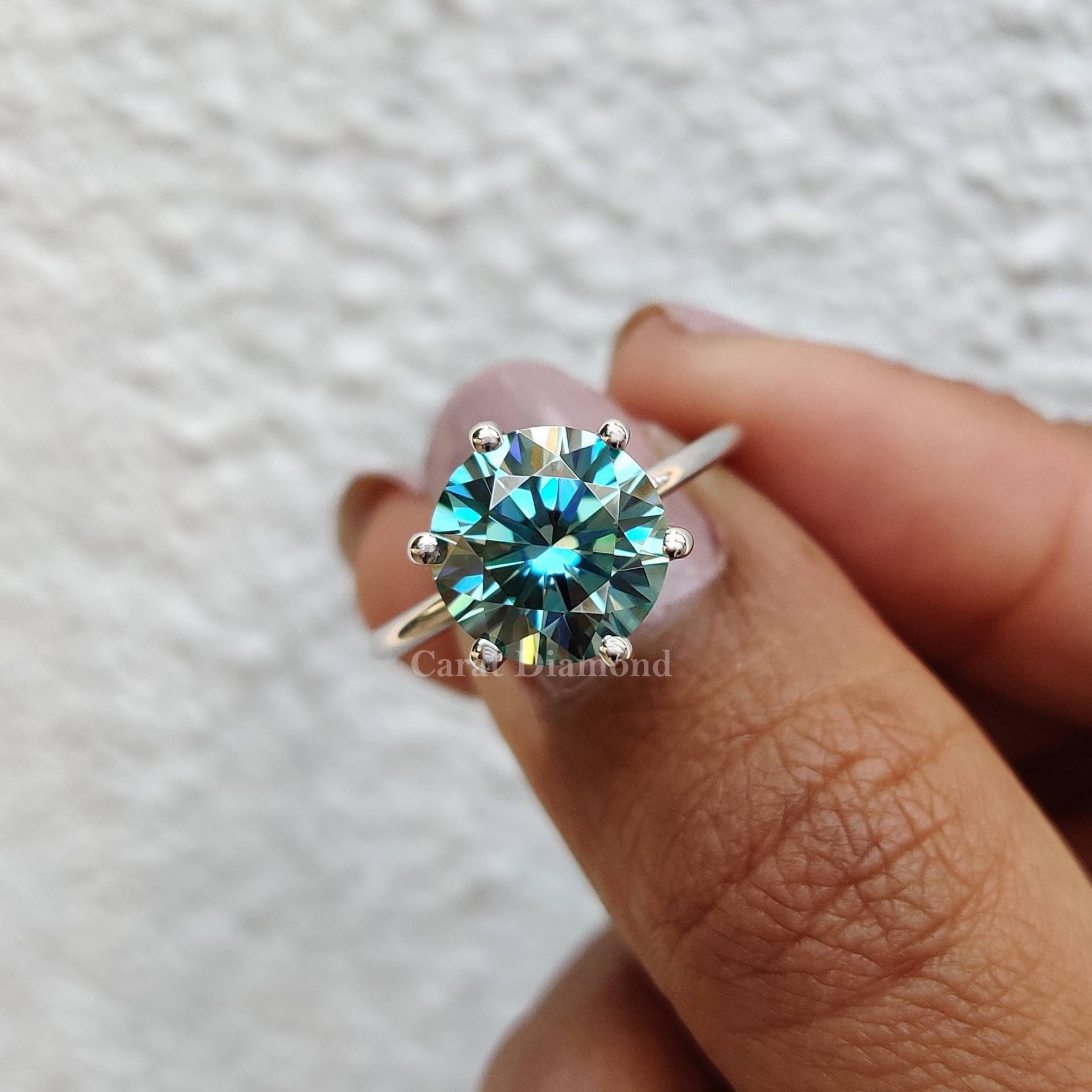 Cyan Blau Moissanite Ring, Solitär 3.61Ct Runder Verlobungsring, Sechs Zinken Ehering, Jahrestagsgeschenke Für Sie von Caratdiamond