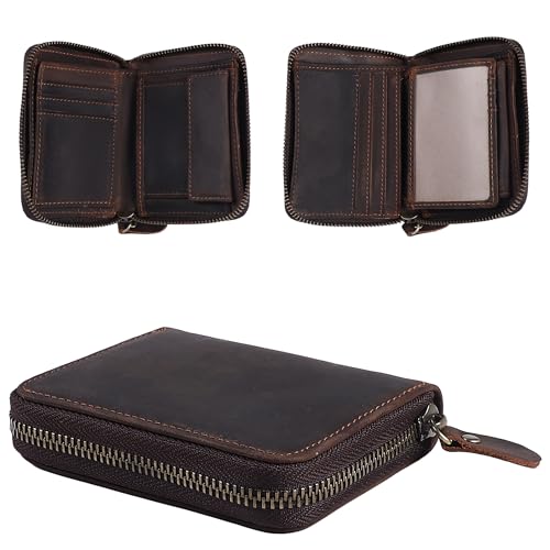 Carbosing Herren-Geldbörse aus Rindsleder Kreditkartenetui multifunktional Bifold-Geldbörse Reißverschlussfach mit 9 Kreditkartenfächern 1 Geldscheinfach 1 Ausweis-Fenster in Geschenkbox (Dunkelbraun) von Carbosing