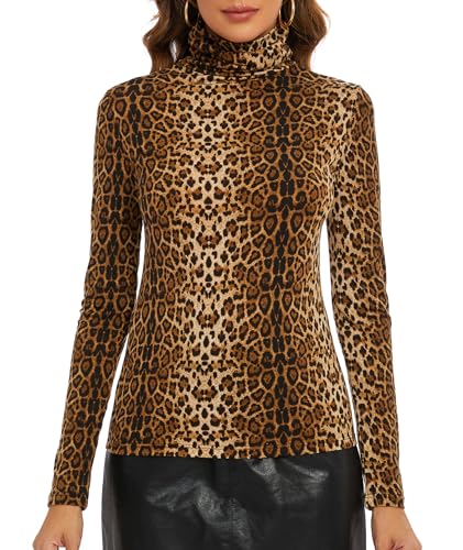 Carcos Damen Rollkragen Langarm Shirt, Basic Rolli Oberteil Hoher Kragen Slim Fit T-Shirt Top für Herbst Winter,Leopard,3XL von CARCOS